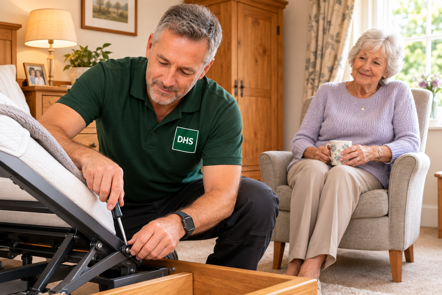 A DHS adviser fitting the mechanism of an adjustable bed while an elderly customer watches from a chair