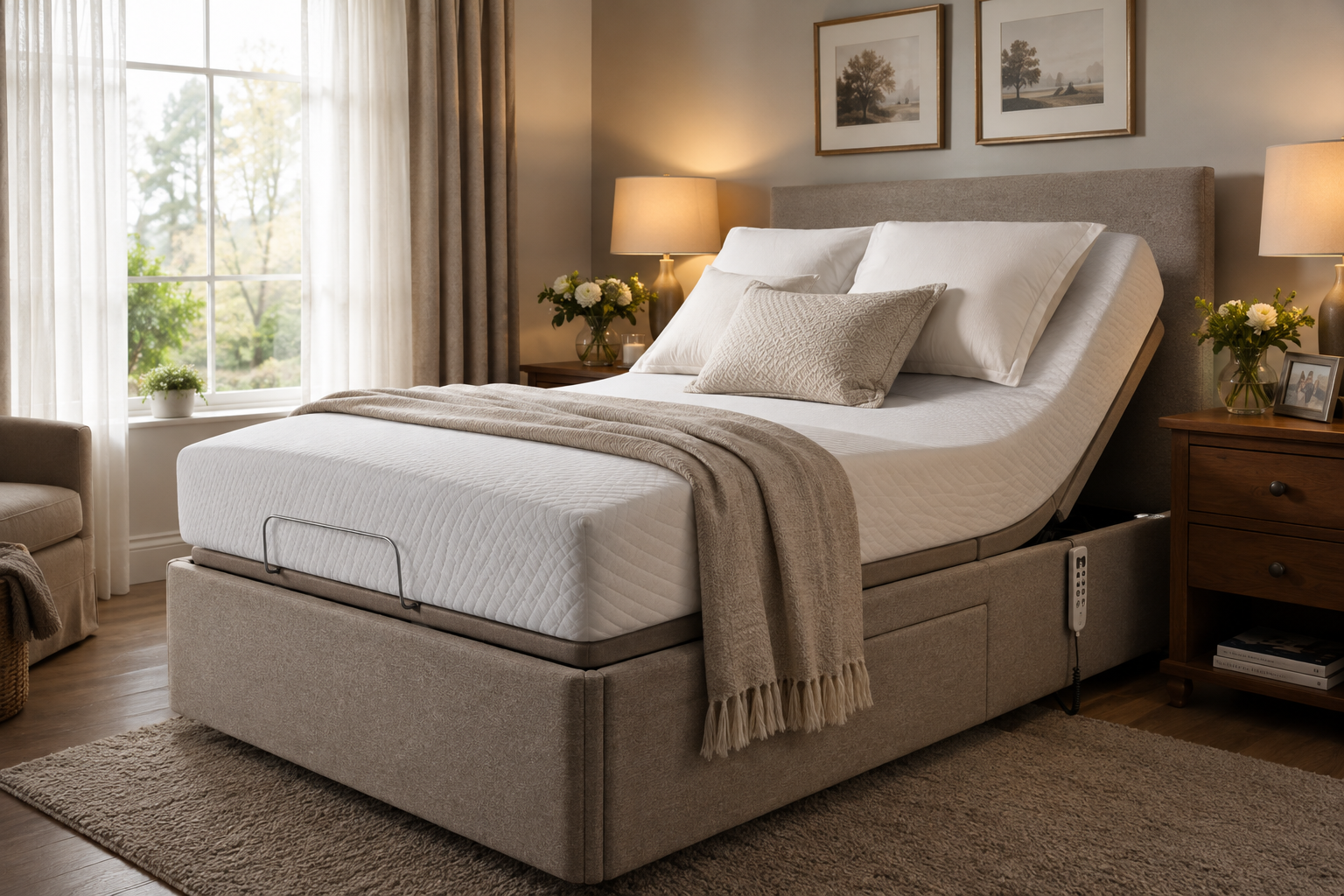 A single motor adjustable bed upholstered in warm neutral fabric, raised at the head in a bright British bedroom