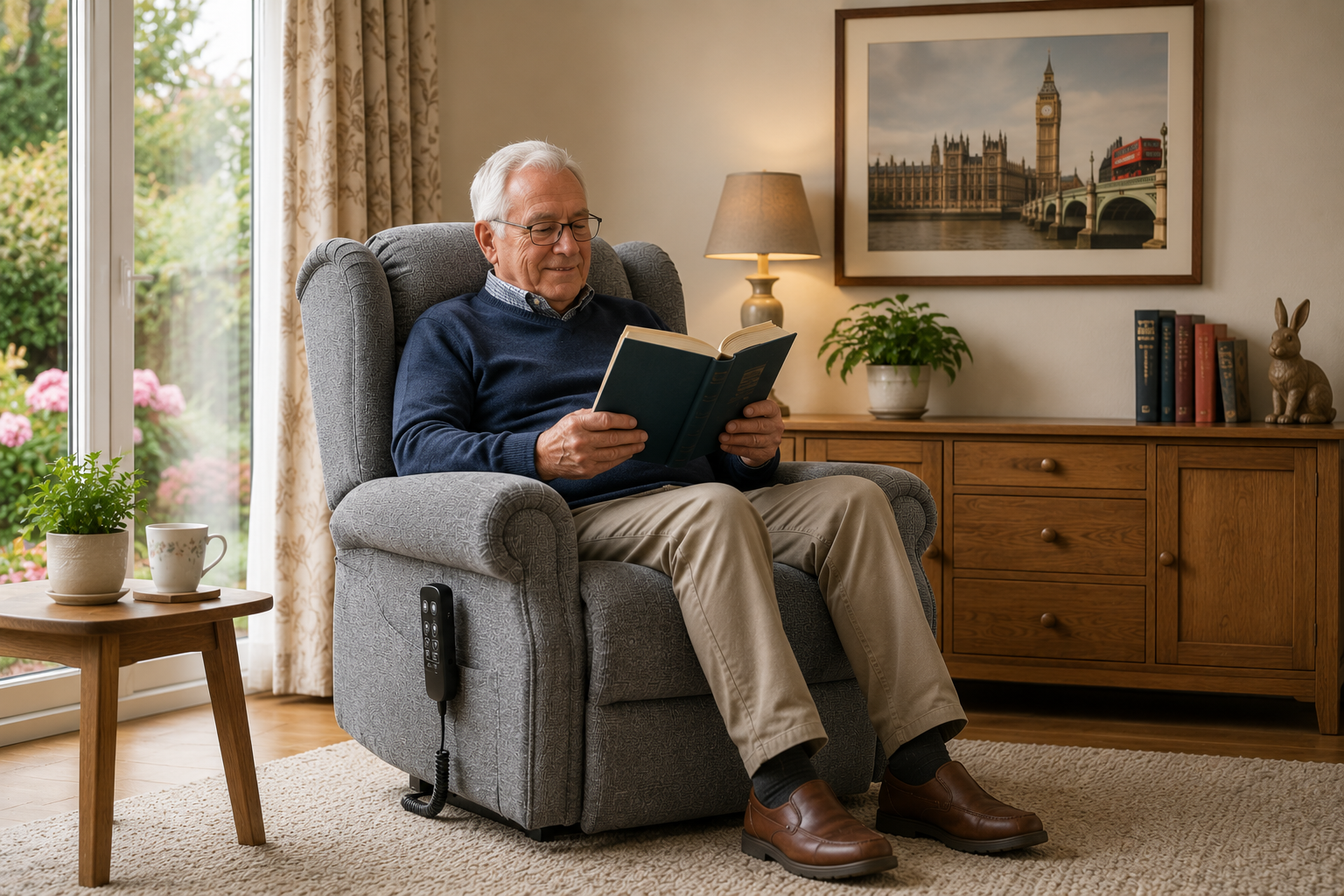 An elderly gentleman relaxing in a rise-and-recline chair reading a book in a warm British living room