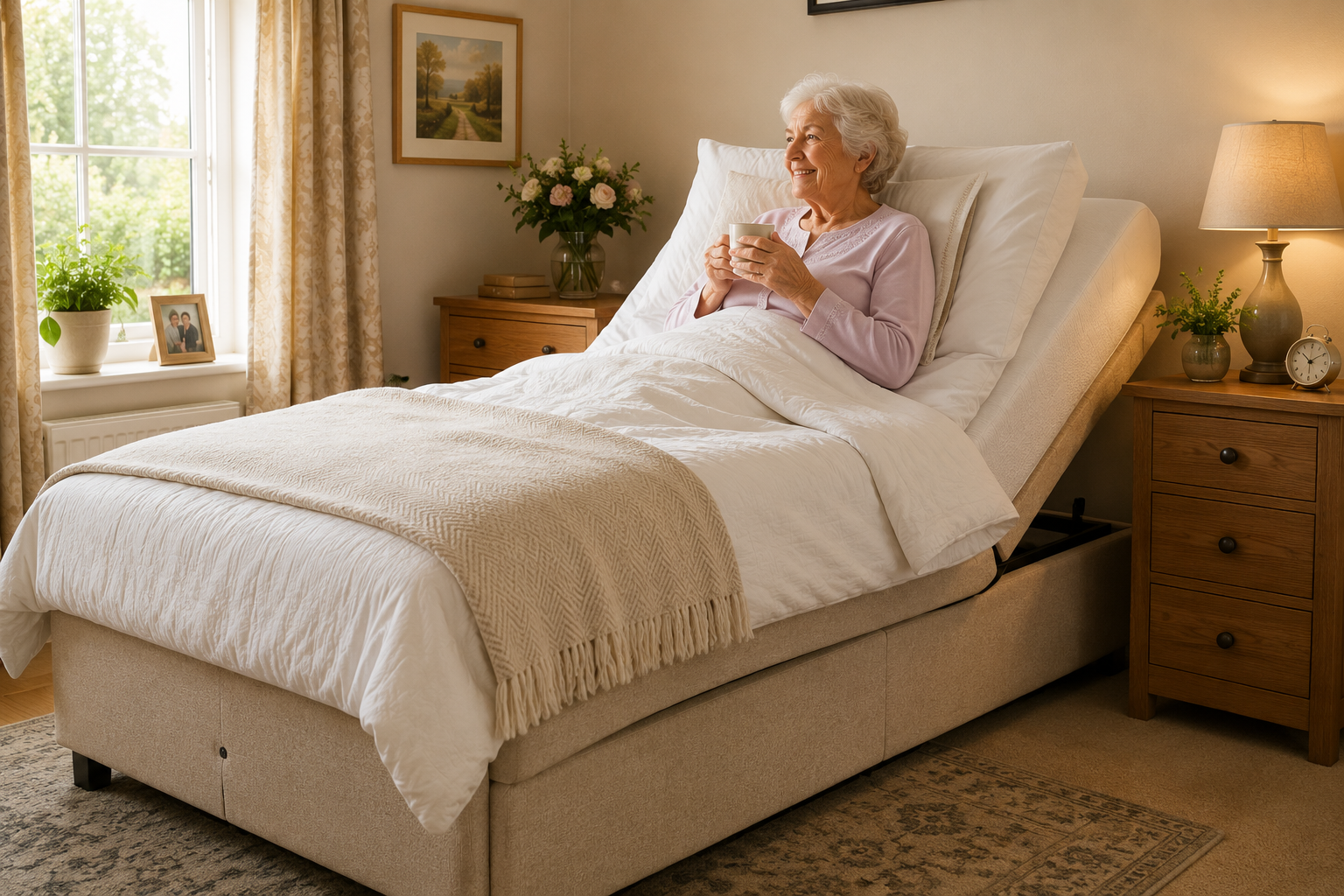 A smiling elderly lady sitting up in a dual motor adjustable bed enjoying a hot drink in a warm British bedroom