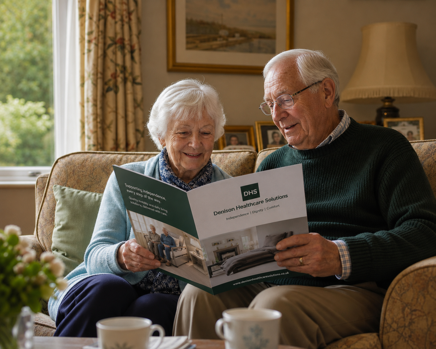 An elderly couple at home looking through the free Denson Homefit Solutions brochure