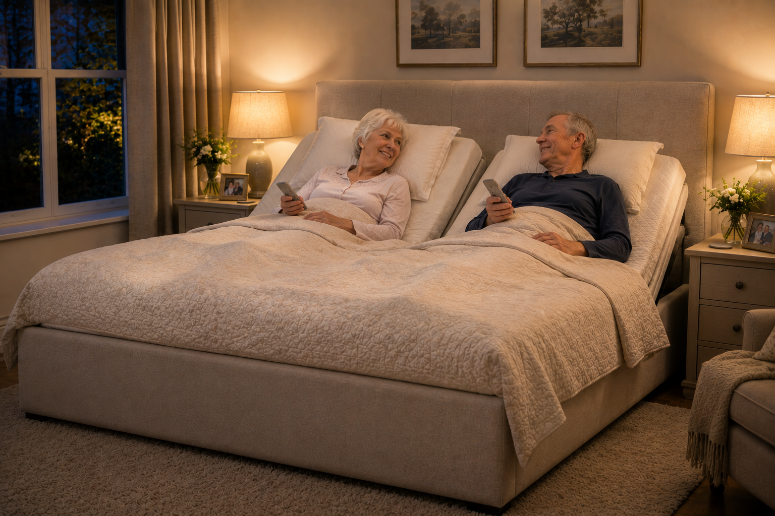 A smiling elderly couple relaxing together in a split dual motor adjustable bed at home, each using their own remote control