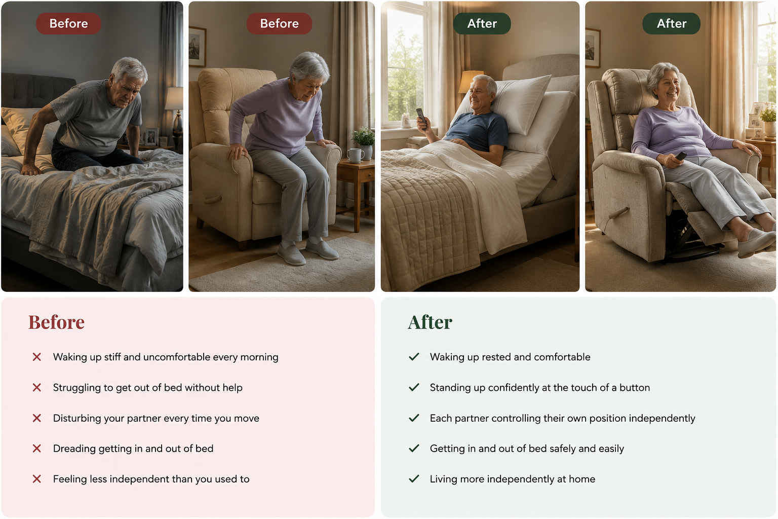 Before and after comparison: two real homes where customers struggled to get up from an ordinary bed and armchair, and the same customers relaxing after choosing a Denson adjustable bed and rise-and-recline chair