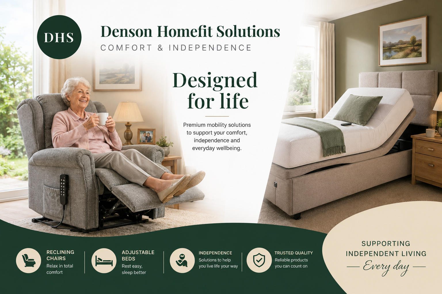 A DHS adviser in a forest green polo shirt demonstrating a rise-and-recline chair to a smiling customer in a warm British living room, alongside an adjustable bed
