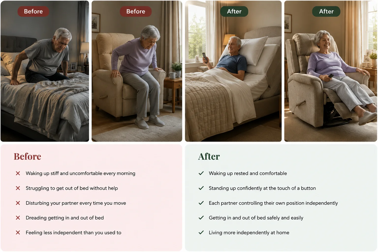 Before and after comparison: two real homes where customers struggled to get up from an ordinary bed and armchair, and the same customers relaxing after choosing a Denson adjustable bed and rise-and-recline chair