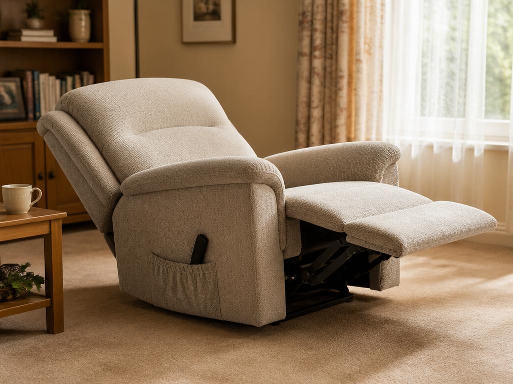A rise-and-recline chair fully reclined in a warm British living room