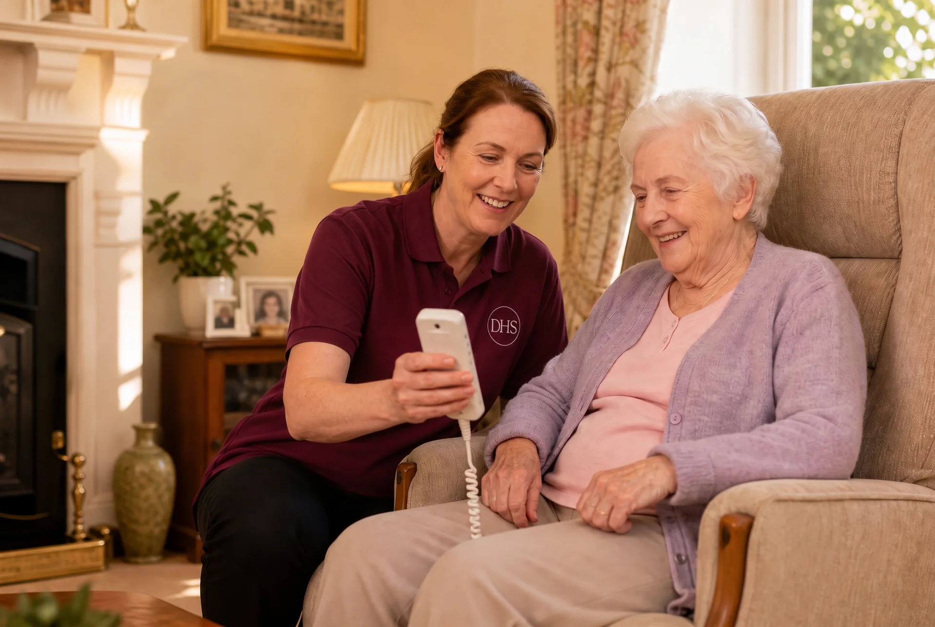 A DHS adviser in a red DHS polo shirt showing an elderly woman the remote control of her rise-and-recline chair at home