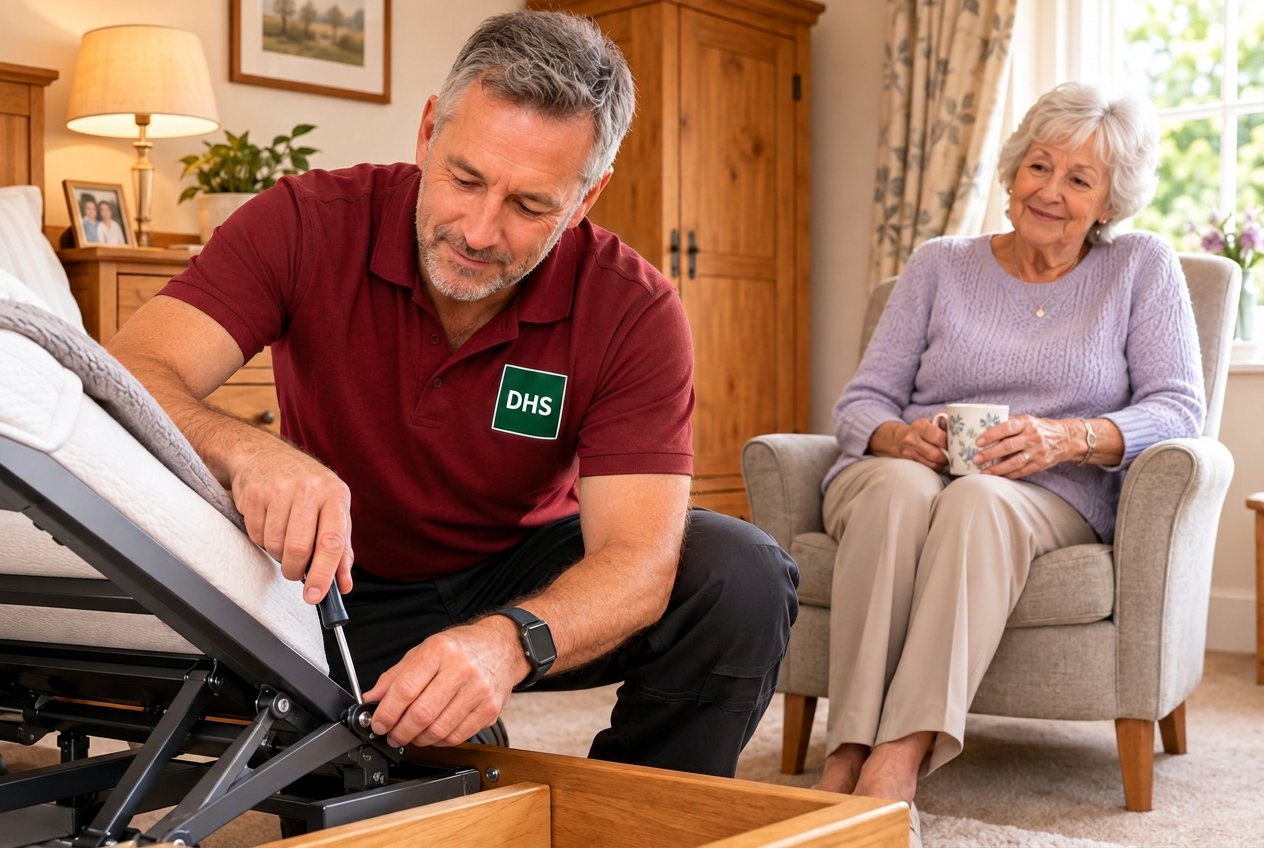 A DHS adviser in a red DHS polo fitting an adjustable bed while an elderly customer watches