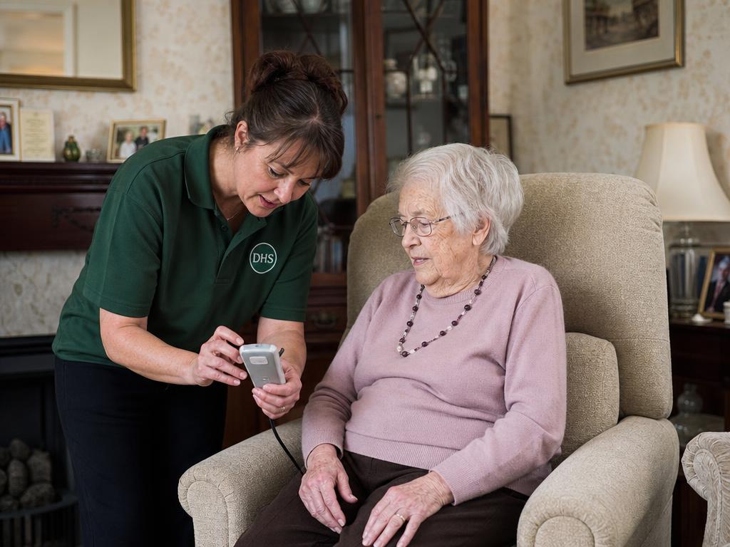 A DHS adviser showing an elderly woman the remote control of her newly installed rise-and-recline chair