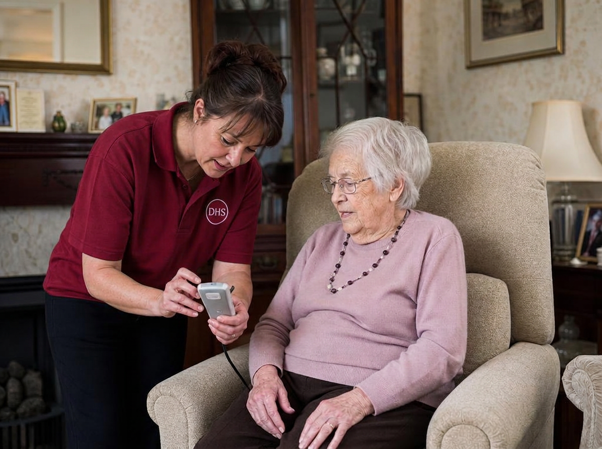 A DHS adviser in a red DHS polo showing an elderly woman her rise-and-recline chair remote